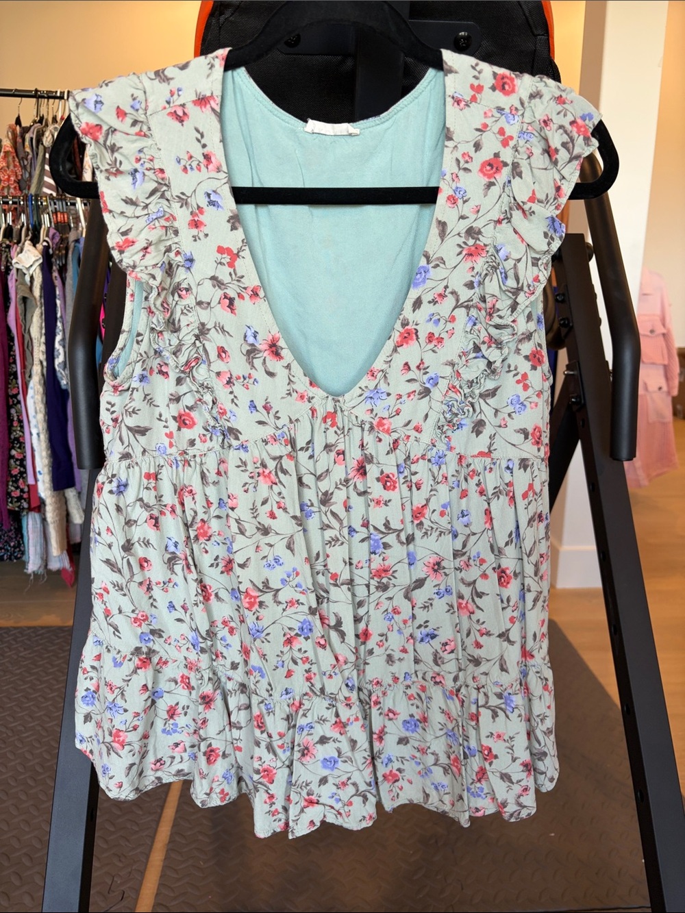 Kori Mint Floral Ruffle V-Neck Tunic Top